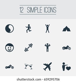 Vector Illustration Set Of Simple Health Icons. Elements Camping, Weightlifting, Celebration And Other Synonyms Sport, Lifestyle And Motorcycle.