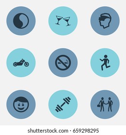 Vector Illustration Set Of Simple Health Icons. Elements Cigarette Forbidden, Walking, Celebration And Other Synonyms Alcohol, Karma And Stop.