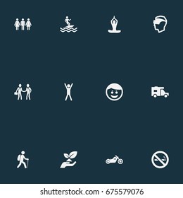 Vector Illustration Set Of Simple Health Icons. Elements Cigarette Forbidden, Happiness, Partners And Other Synonyms Camping, Up And Tobaco.