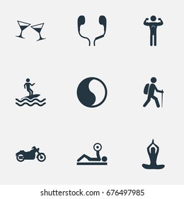 Vector Illustration Set Of Simple Health Icons. Elements Surfer, Gym, Celebration And Other Synonyms Yin-Yang, Alcohol And Sport.