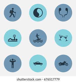Vector Illustration Set Of Simple Health Icons. Elements Surfer, Vintage Automobile, Ballance And Other Synonyms Sport, Vintage And Car.