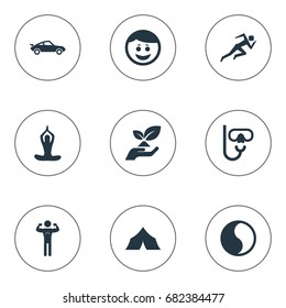 Vector Illustration Set Of Simple Health Icons. Elements Diver Equipment, Ecological Business, Jogging And Other Synonyms Diving, Karma And Meditation.