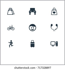Vector Illustration Set Of Simple Health Icons. Elements Cycling, Walking, Shopping Bag And Other Synonyms Happy, Bicycle And Man.