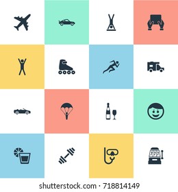 Vector Illustration Set Of Simple Health Icons. Elements Car, Distance Learning, Weightlifting And Other Synonyms Happy, Wineglass And Joy.