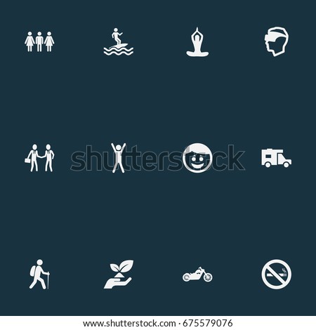 Vector Illustration Set Of Simple Health Icons. Elements Cigarette Forbidden, Happiness, Partners And Other Synonyms Camping, Up And Tobaco.