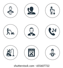 Vector Illustration Set Of Simple Help Icons. Elements Appliances Repair, Operator, Horticulture And Other Synonyms Renovation, Farming And Farmer.