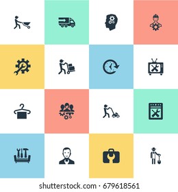 Vector Illustration Set Of Simple Help Icons. Elements Engineer, Intelligence, Farmer With Shovel And Other Synonyms Hanger, Suspender And Tools.