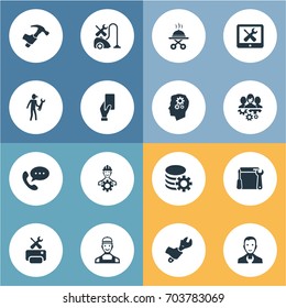 Vector Illustration Set Of Simple Help Icons. Elements Hammer, Solution Centre, Wrench And Other Synonyms Fix, Team And Support.