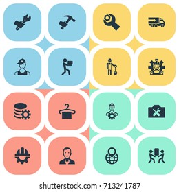 Vector Illustration Set Of Simple Help Icons. Elements Pinpoint, Servant, Instrument And Other Synonyms Gear, Moving And Instrument.