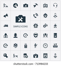Vector Illustration Set Of Simple Help Icons. Elements Pos Terminal, On Duty, Mechanism And Other Synonyms Workshop, Clock And Operator.