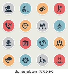 Vector Illustration Set Of Simple Help Icons. Elements Industry, Call Center, Moving And Other Synonyms Phone, Tool And Warranty.