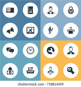 Vector Illustration Set Of Simple Help Icons. Elements Automatic Teller Machine, Time, Spanner And Other Synonyms Globe, Fridge And Vehicle.