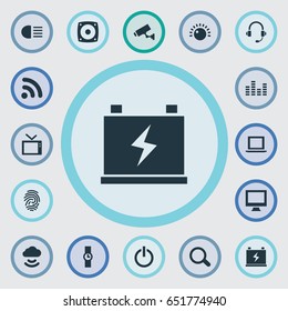 Vector Illustration Set Of Simple Hitech Icons. Elements Thumbprint, Cctv, Accumulator And Other Synonyms Audio, Wireless And SEO.