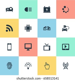 Vector Illustration Set Of Simple Hitech Icons. Elements Accumulator, Thumbprint, Monitor And Other Synonyms Phone, Waiting And Wifi.