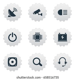 Vector Illustration Set Of Simple Hitech Icons. Elements Accumulator, Woofer, Processor And Other Synonyms Cpu, Bass And Processor.