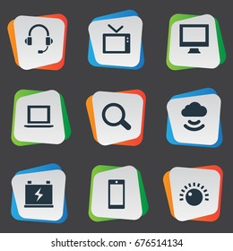 Vector Illustration Set Of Simple Hitech Icons. Elements Monitor, Magnifier, Headphones And Other Synonyms Laptop, Computer And Headphones.