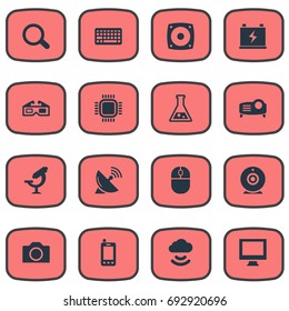 Vector Illustration Set Of Simple Hitech Icons. Elements Satellite Antenna, Magnifier, Processor And Other Synonyms Cloud, Battery And Mouse.