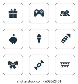 Vector Illustration Set Of Simple Holiday Icons. Elements Money Pig, Decorations, Game And Other Synonyms Firework, Candy And Caramel.