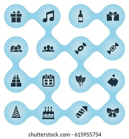 Vector Illustration Set Of Simple Holiday Icons. Elements Beverage, Mask, Domestic And Other Synonyms Fizz, Theater And Gift.