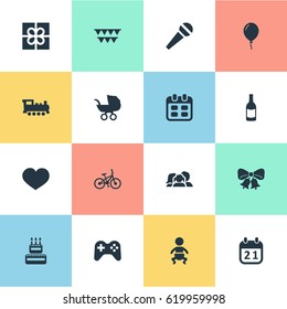Vector Illustration Set Of Simple Holiday Icons. Elements Resonate, Train, Bicycle And Other Synonyms Bells, Family And Voice.