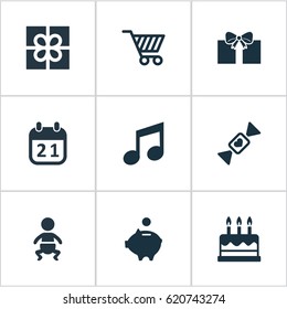 Vector Illustration Set Of Simple Holiday Icons. Elements Cake, Box, Money Pig And Other Synonyms Money, Box And Candy.