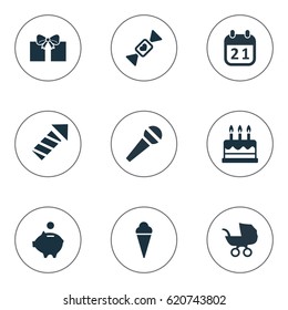 Vector Illustration Set Of Simple Holiday Icons. Elements Money Pig, Speech, Salute And Other Synonyms Speech, Firework And Candy.