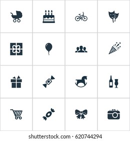 Vector Illustration Set Of Simple Holiday Icons. Elements Mask, Ribbon, Group And Other Synonyms Resonate, Bike And Market.