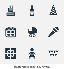 Vector Illustration Set Of Simple Holiday Icons. Elements Box, Infant, Cap And Other Synonyms Beverage, Confectionery And Hat.
