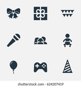 Vector Illustration Set Of Simple Holiday Icons. Elements Box, Game, Domestic And Other Synonyms Flags, Voice And Present.
