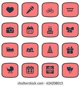 Vector Illustration Set Of Simple Holiday Icons. Elements Speech, Special Day, Bicycle And Other Synonyms Hat, Locomotive And Cap.