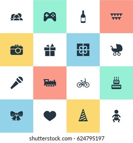 Vector Illustration Set Of Simple Holiday Icons. Elements Infant, Beverage, Decorations; And Other Synonyms Bike, Infant And Joystick.