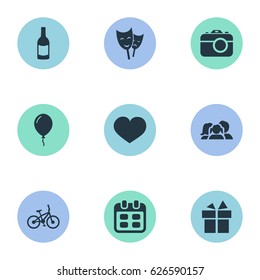 Vector Illustration Set Of Simple Holiday Icons. Elements Days, Mask, Domestic And Other Synonyms Feelings, Photography And Gift.