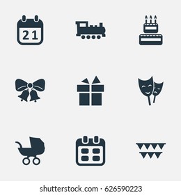 Vector Illustration Set Of Simple Holiday Icons. Elements Train, Special Day, Mask And Other Synonyms Steam, Flags And Schedule.