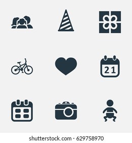 Vector Illustration Set Of Simple Holiday Icons. Elements Domestic, Soul, Days And Other Synonyms Present, Infant And Feelings.
