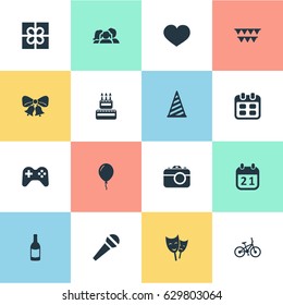Vector Illustration Set Of Simple Holiday Icons. Elements Special Day, Mask, Domestic And Other Synonyms Bells, Actor And Bicycle.