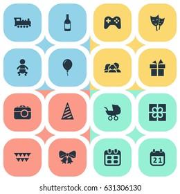 Vector Illustration Set Of Simple Holiday Icons. Elements Box, Train, Baby Carriage And Other Synonyms Present, Fizz And Joystick.