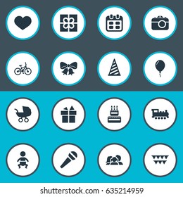 Vector Illustration Set Of Simple Holiday Icons. Elements Days, Speech, Confectionery And Other Synonyms Days, Aerostat And Stroller.