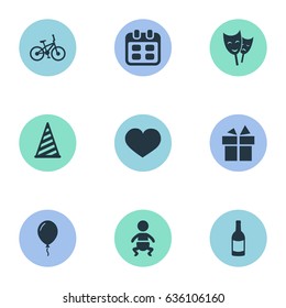 Vector Illustration Set Of Simple Holiday Icons. Elements Mask, Infant, Aerostat And Other Synonyms Date, Heart And Champagne.