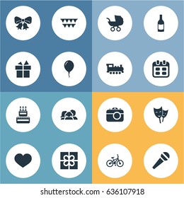 Vector Illustration Set Of Simple Holiday Icons. Elements Domestic, Baby Carriage, Speech And Other Synonyms Locomotive, Theater And Feelings.