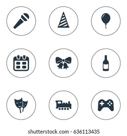 Vector Illustration Set Of Simple Holiday Icons. Elements Aerostat, Train, Mask And Other Synonyms Jingle, Bells And Schedule.
