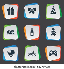 Vector Illustration Set Of Simple Holiday Icons. Elements Game, Bicycle, Baby Carriage And Other Synonyms Beverage, Bells And Carriage.