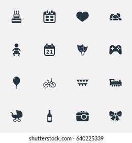 Vector Illustration Set Of Simple Holiday Icons. Elements Train, Confectionery, Decorations; And Other Synonyms Schedule, Jingle And Champagne.