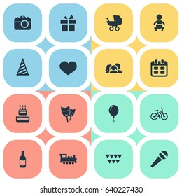 Vector Illustration Set Of Simple Holiday Icons. Elements Decorations;, Aerostat, Camera And Other Synonyms Photo, Prize And Days.