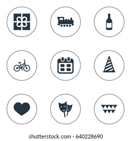 Vector Illustration Set Of Simple Holiday Icons. Elements Decorations;, Days, Beverage And Other Synonyms Bicycle, Fizz And Flags.