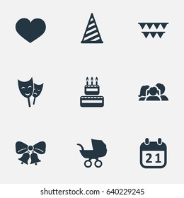 Vector Illustration Set Of Simple Holiday Icons. Elements Soul, Confectionery, Cap And Other Synonyms Baby, Heart And Calendar.