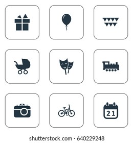Vector Illustration Set Of Simple Holiday Icons. Elements Special Day, Aerostat, Baby Carriage And Other Synonyms Camera, History And Flags.
