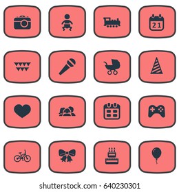 Vector Illustration Set Of Simple Holiday Icons. Elements Camera, Resonate, Domestic And Other Synonyms Resonate, Jingle And Schedule.