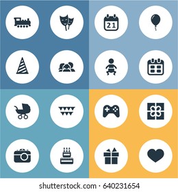 Vector Illustration Set Of Simple Holiday Icons. Elements Mask, Ribbon, Train And Other Synonyms Camera, Date And Gift.