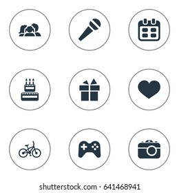 Vector Illustration Set Of Simple Holiday Icons. Elements Bicycle, Soul, Game And Other Synonyms Family, Play And Sweetmeat.