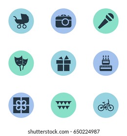 Vector Illustration Set Of Simple Holiday Icons. Elements Baby Carriage, Mask, Camera And Other Synonyms Decorations, Present And Photography.